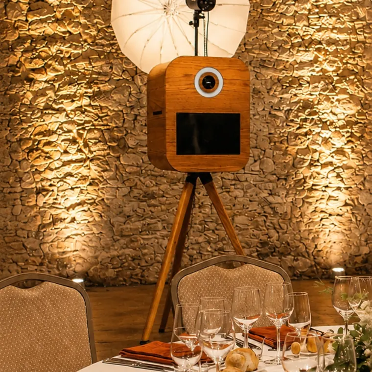 La borne photo en bois installée devant un mur de pierre éclairé, près des tables dressées