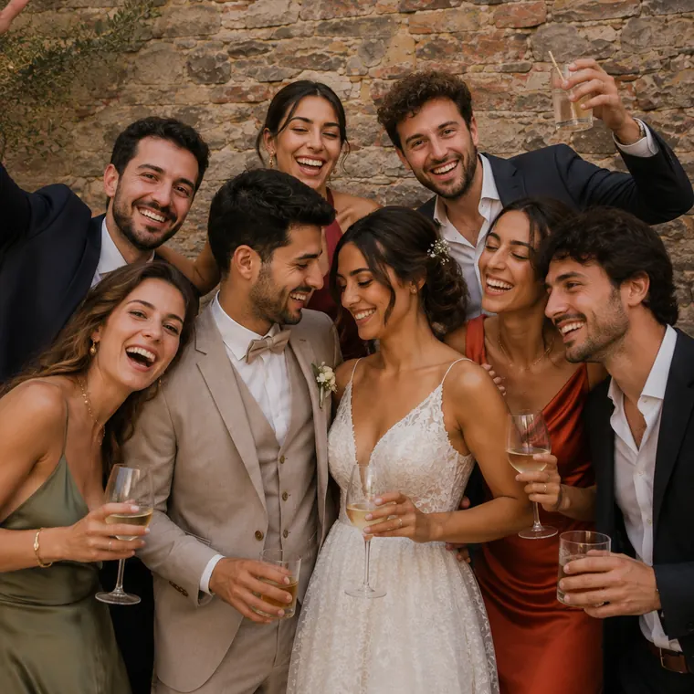 La mariée entourée de ses proches, une coupe à la main