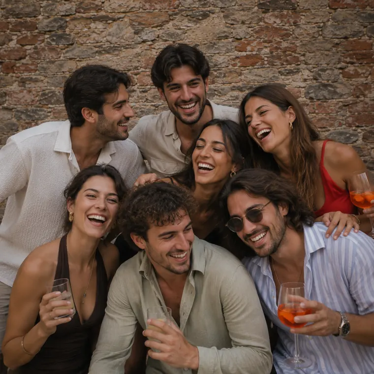 Un groupe d'invités éclate de rire devant l'objectif