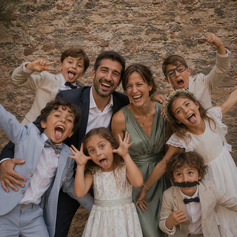 Une famille et ses enfants font des grimaces avec les accessoires