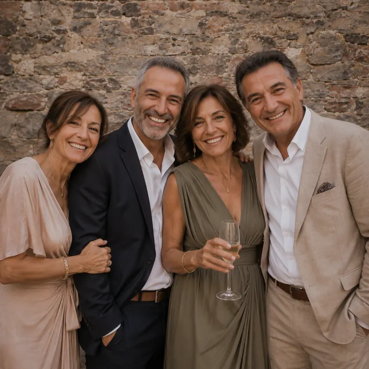 Quatre invités posent ensemble devant le mur de pierre