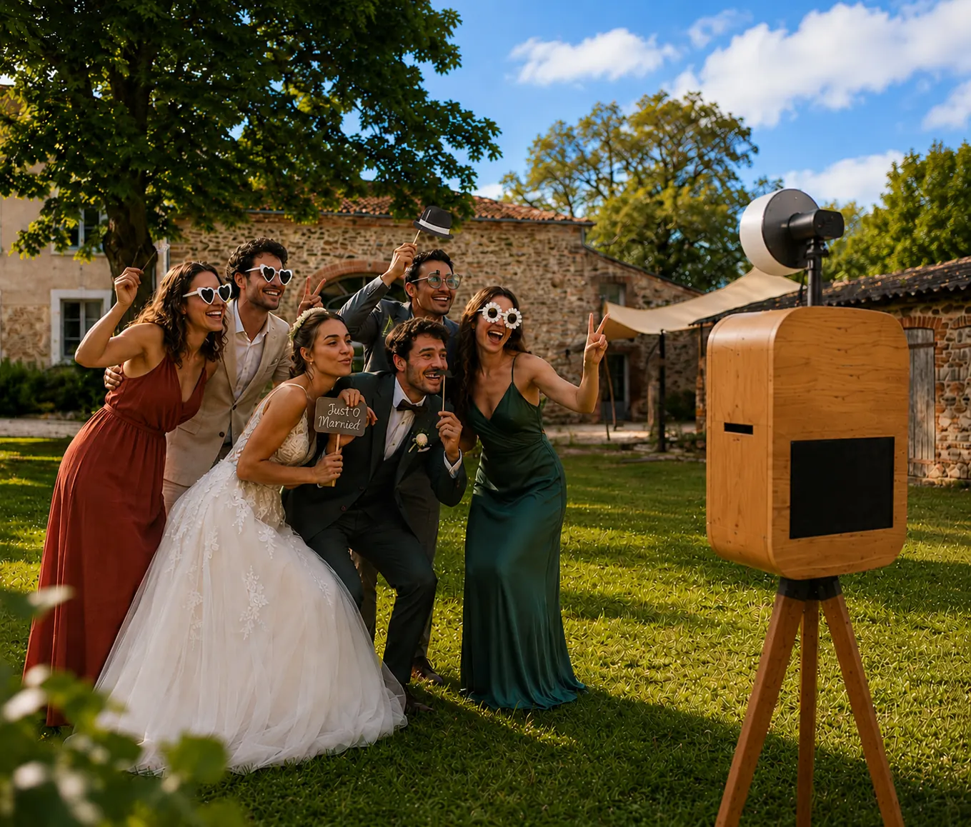 Des invités en tenue de mariage posent en riant devant la borne photo du Moulin de la Noue Ronde