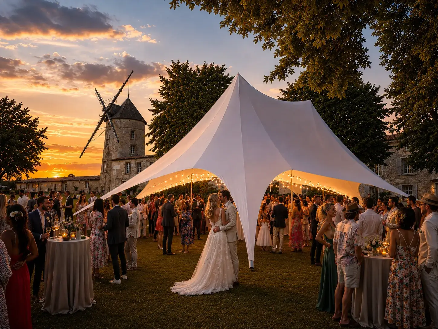 Cocktail de mariage sous la tente étoile blanche du Moulin de la Noue Ronde, guirlandes allumées et moulin au couchant en arrière-plan