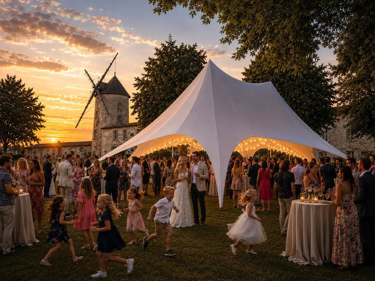 Les mariés sous la tente illuminée, entourés de leurs invités, enfants courant sur la pelouse au couchant